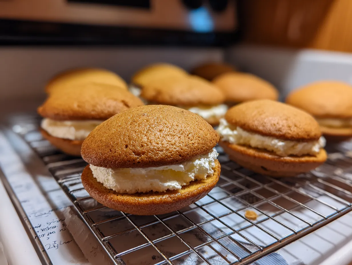 Finished apple cider whoopie pies arranged on a kitchen counter