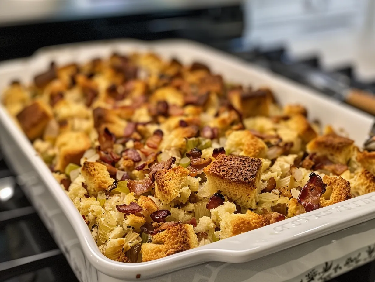 Finished bacon cornbread stuffing presented on a stovetop in a baking dish, showcasing its golden-brown crust and savory ingredients.