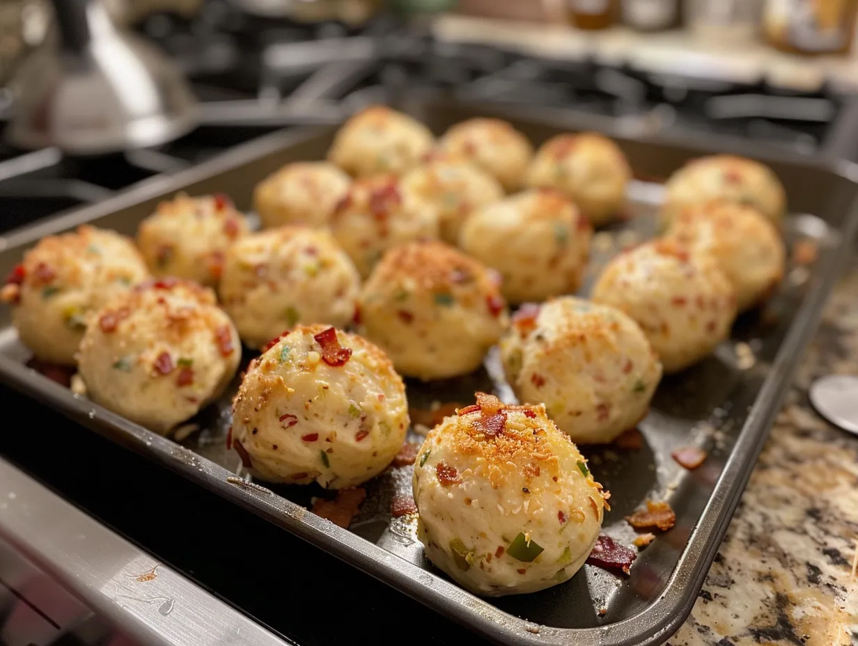 Finished Bacon Jalapeño Cream Cheese Balls on a plate with a handwritten note.