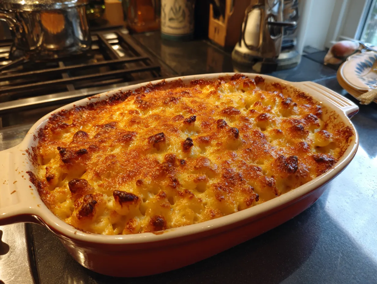 Finished baked mac and cheese in a baking dish, golden brown and bubbly.