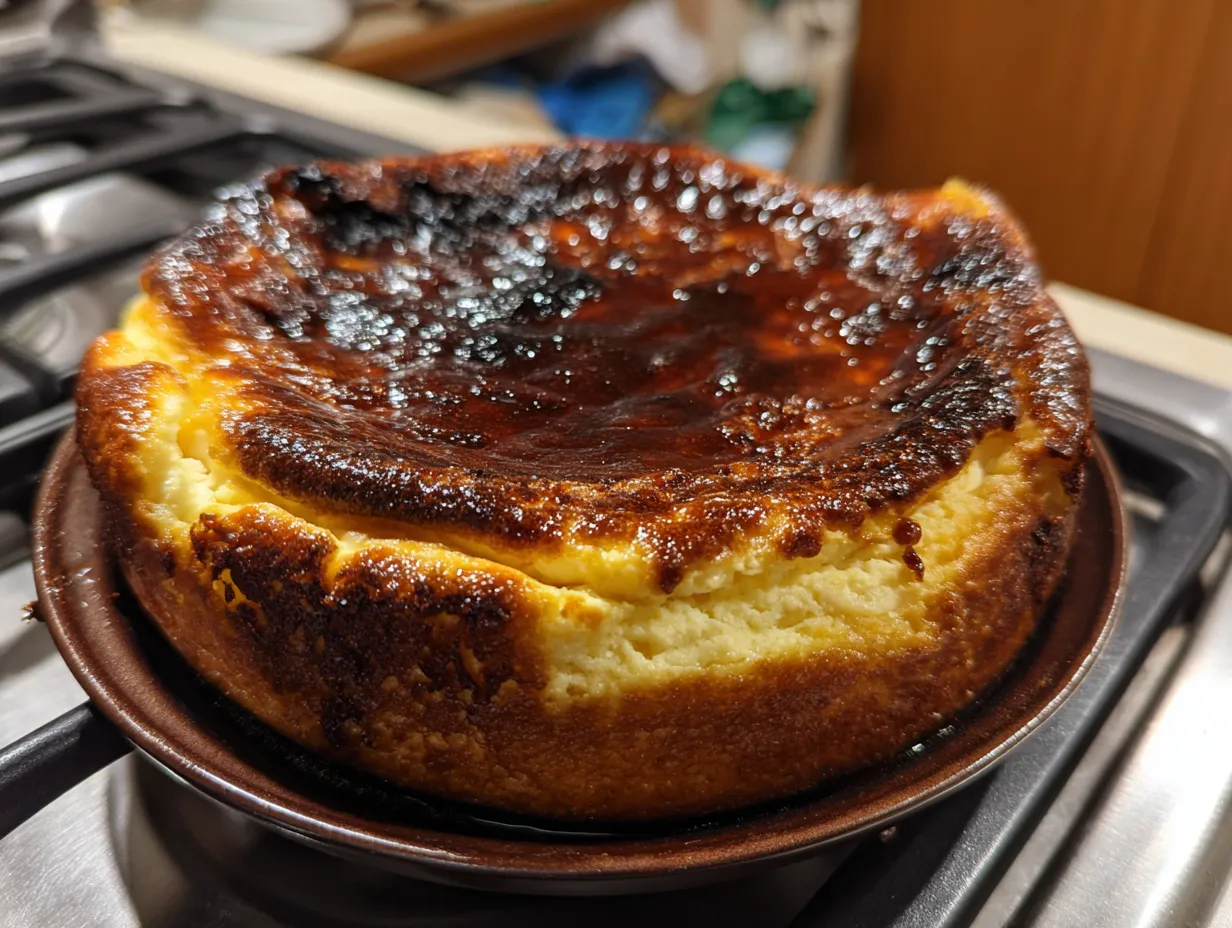 A perfectly baked Burnt Basque Cheesecake with a deeply caramelized top, sitting on a kitchen counter.