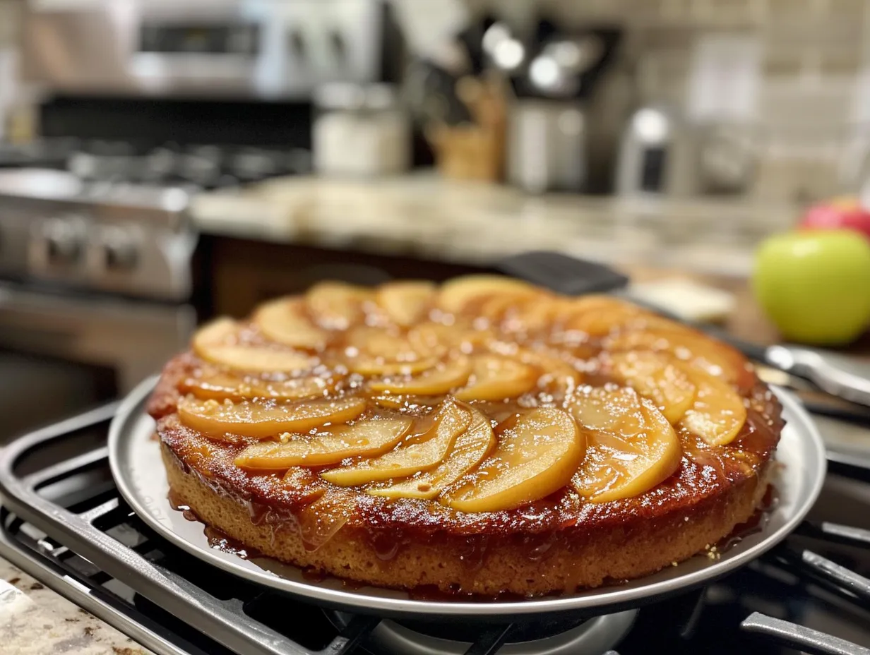 Finished Caramel Apple Upside-Down Cake on display, showcasing the caramelized apples and golden cake