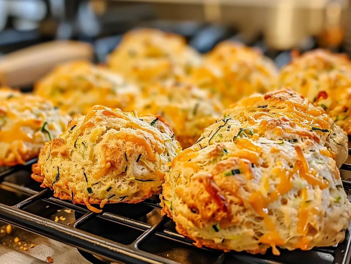 Finished cheddar zucchini scones on a cooling rack
