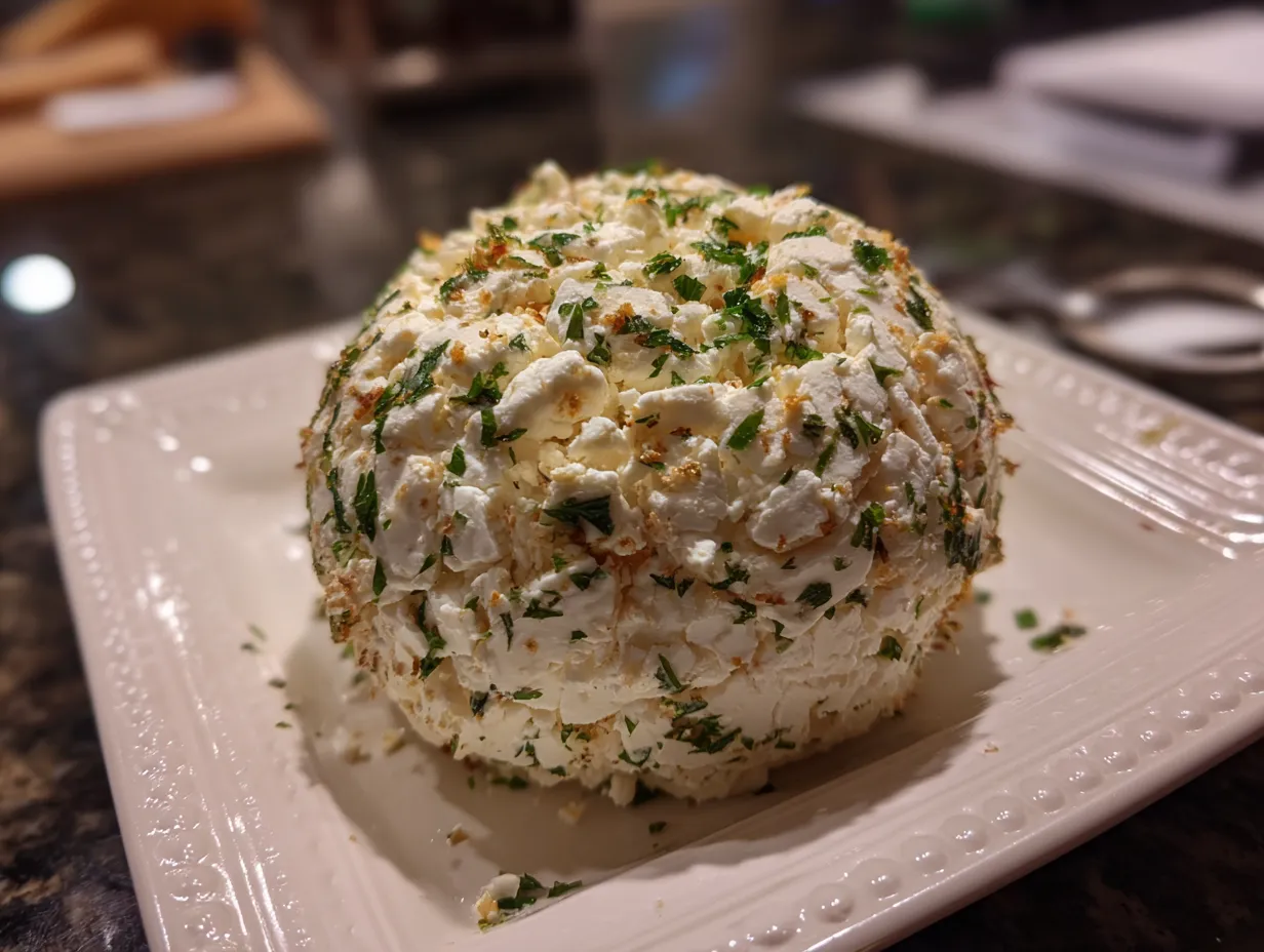 A finished cheese ball, coated in pecans, sitting on a kitchen counter.