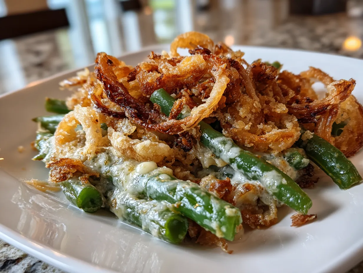 Finished cheesy green bean casserole golden brown and bubbly.