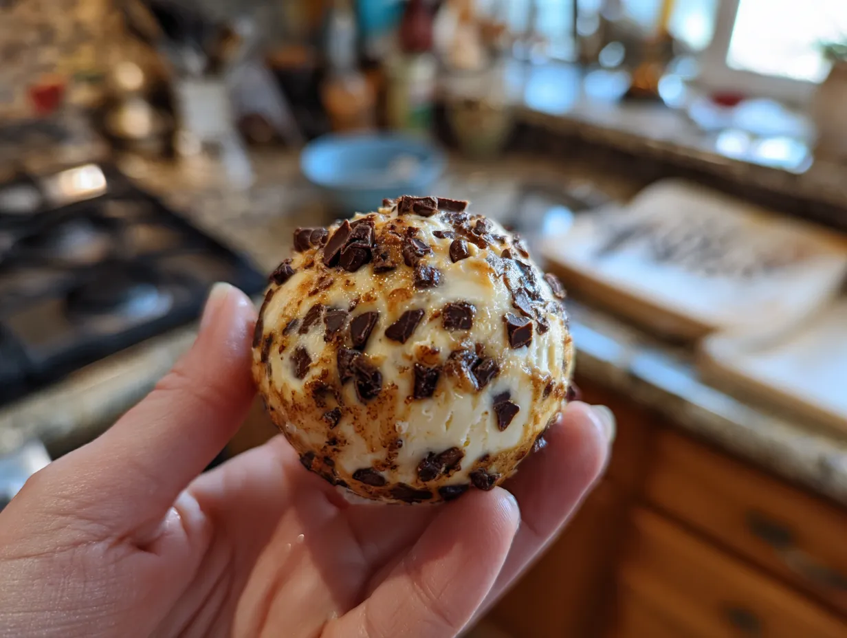 Finished Chocolate Chip Cheesecake Ball coated in chocolate chips on a platter