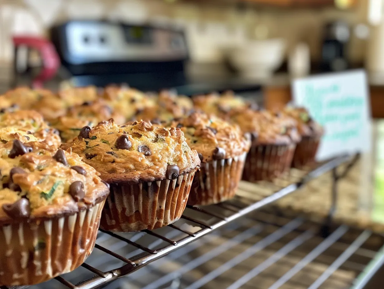 Finished chocolate chip zucchini muffins, golden brown and studded with melted chocolate chips