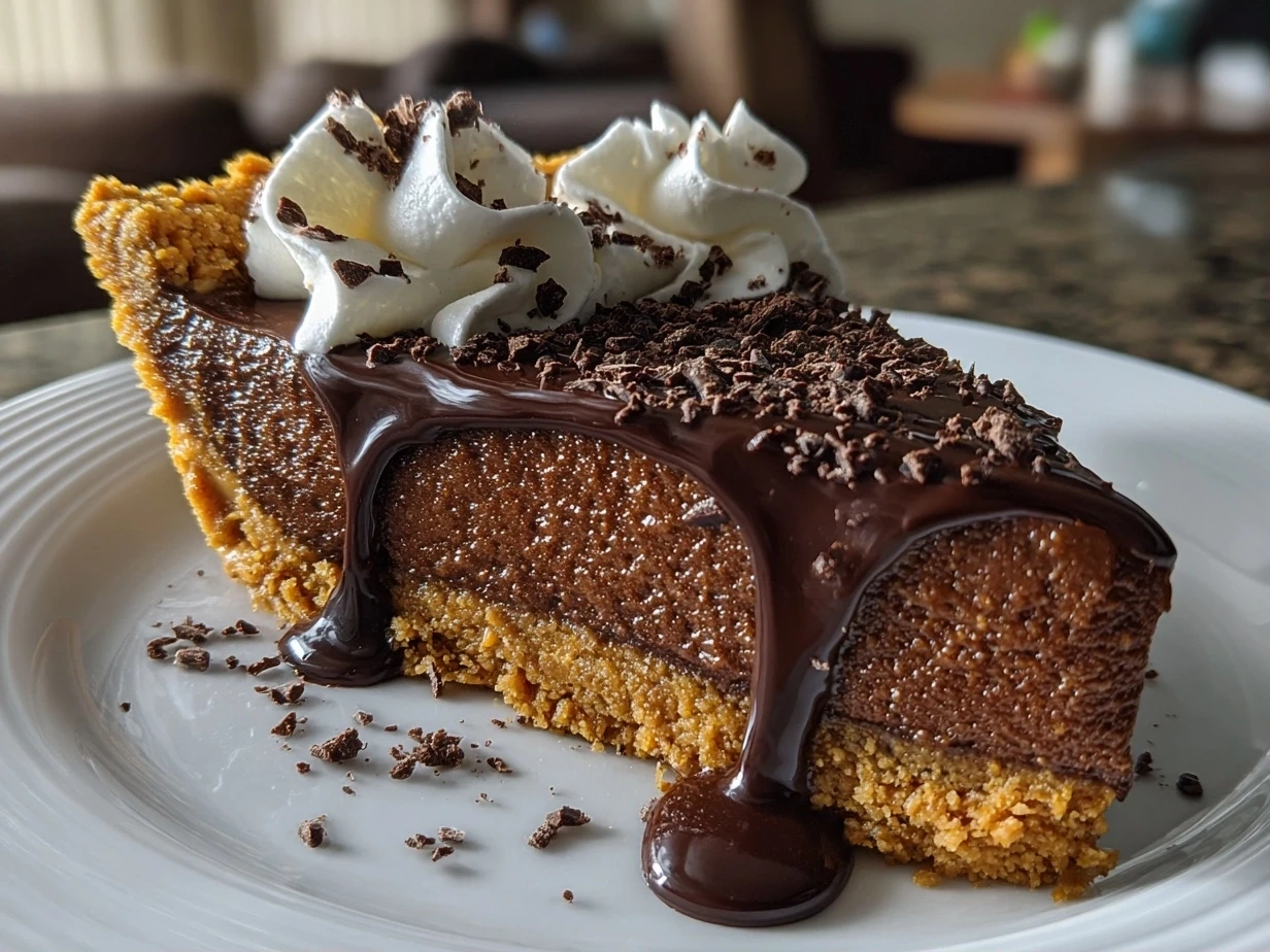 Finished Chocolate Peanut Butter Pie drizzled with chocolate syrup.