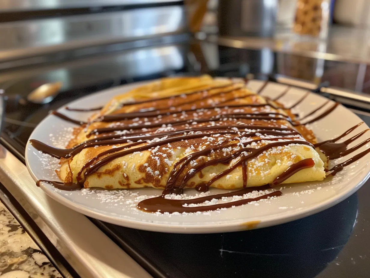 A close-up of finished cinnamon roll protein crepes, drizzled with glaze and sprinkled with cinnamon, showcasing their golden-brown swirls and creamy topping.