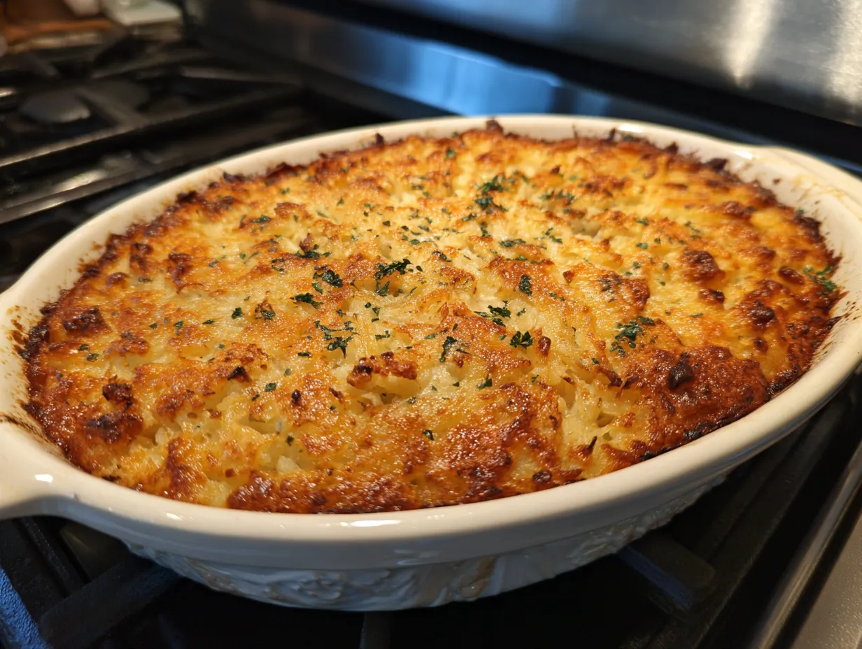 Finished Copycat Cracker Barrel Hashbrown Casserole, golden brown and bubbly.