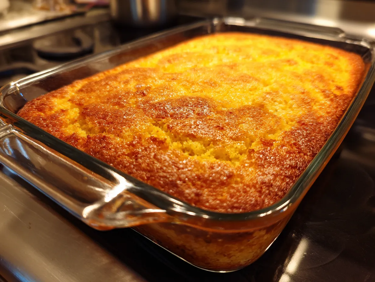 Finished cornbread casserole on the kitchen counter