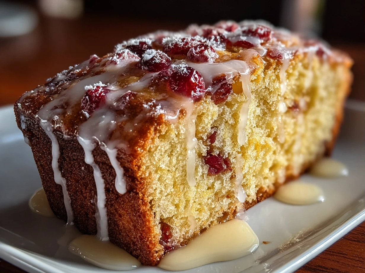 Finished Cranberry Orange Bread with Glaze, sliced and displayed on a plate.