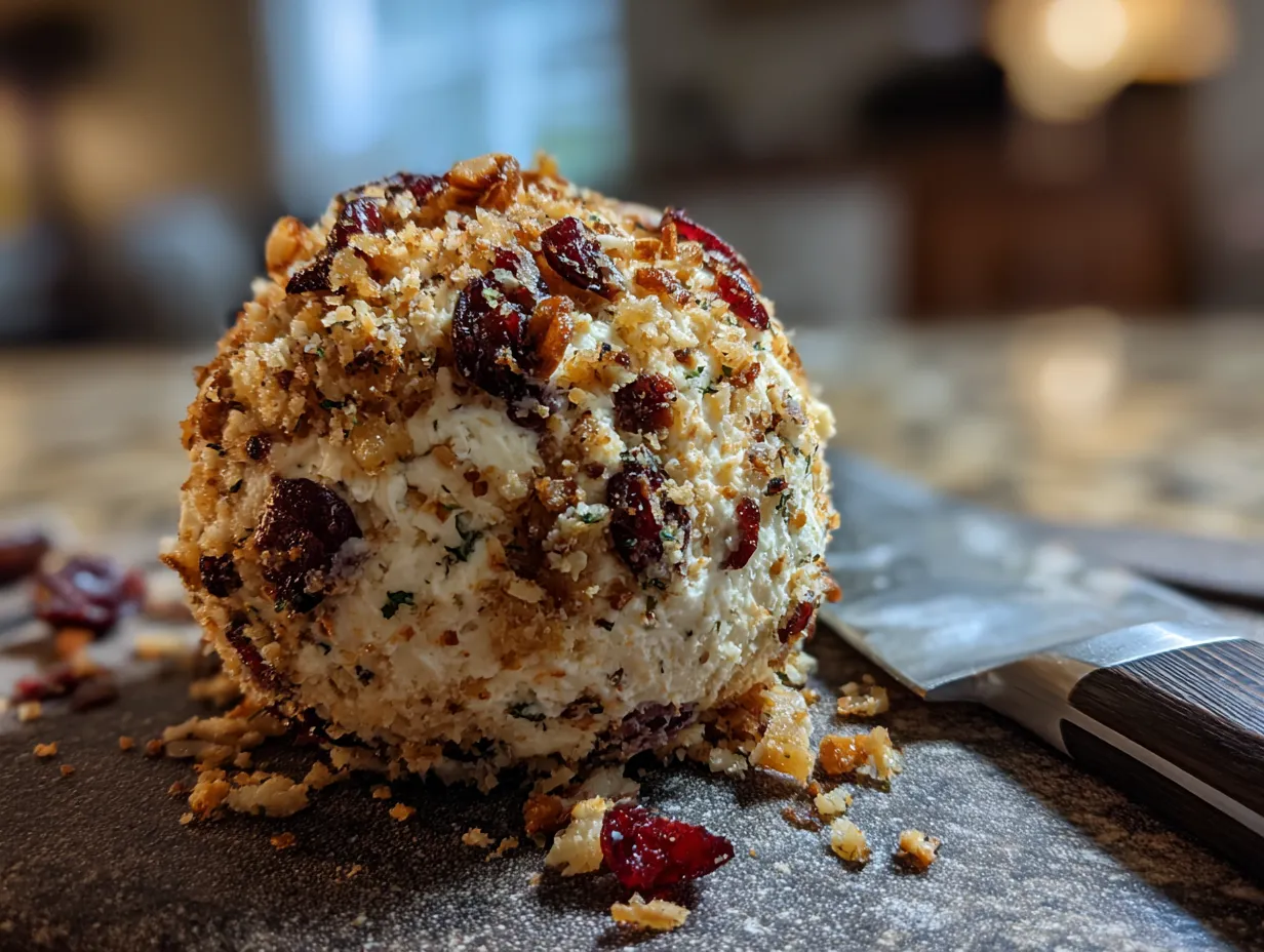 Finished Cranberry Pineapple Pecan Cheese Ball coated in pecans