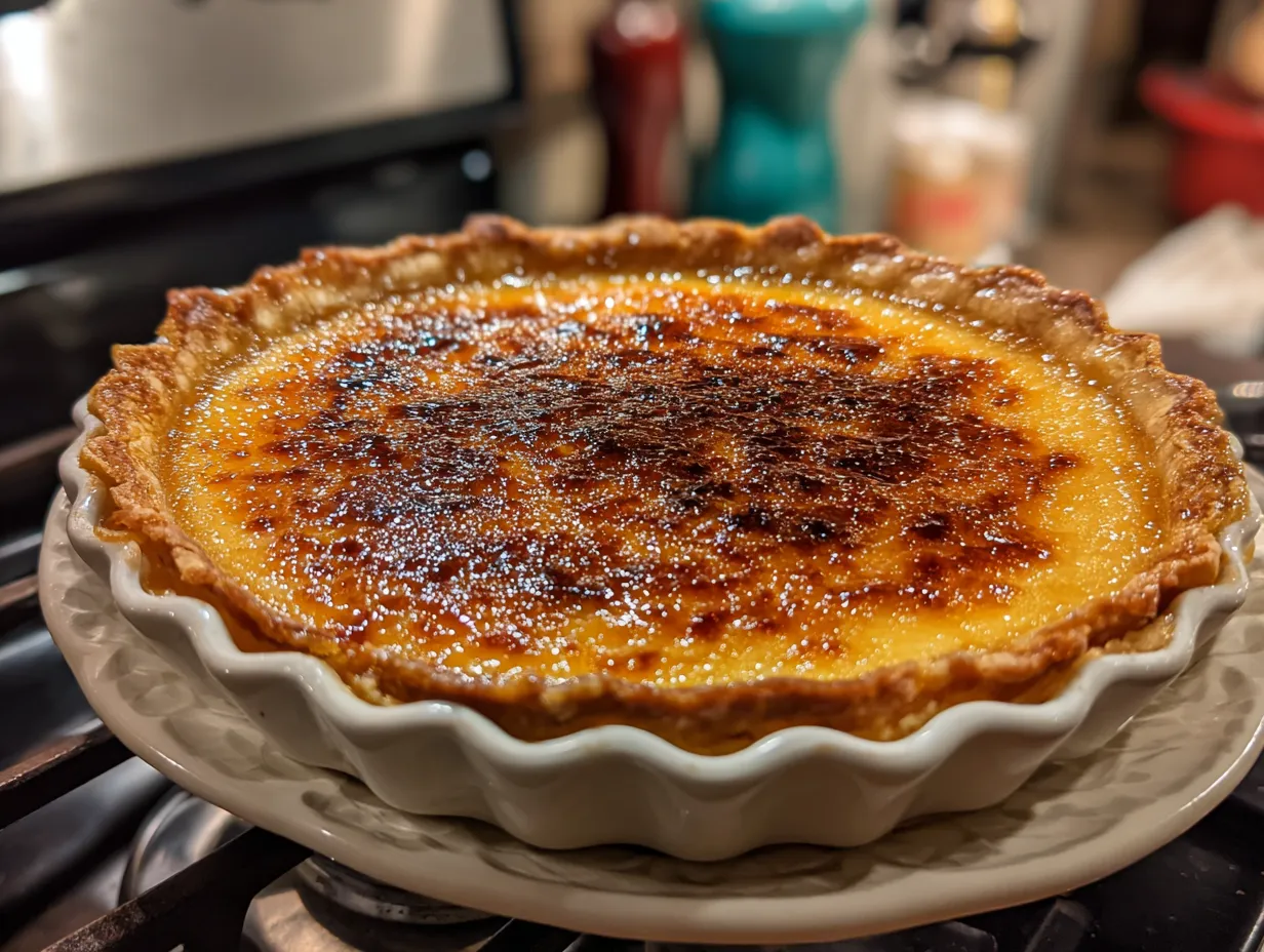 Finished Creme Brulee Pie with caramelized sugar topping on display