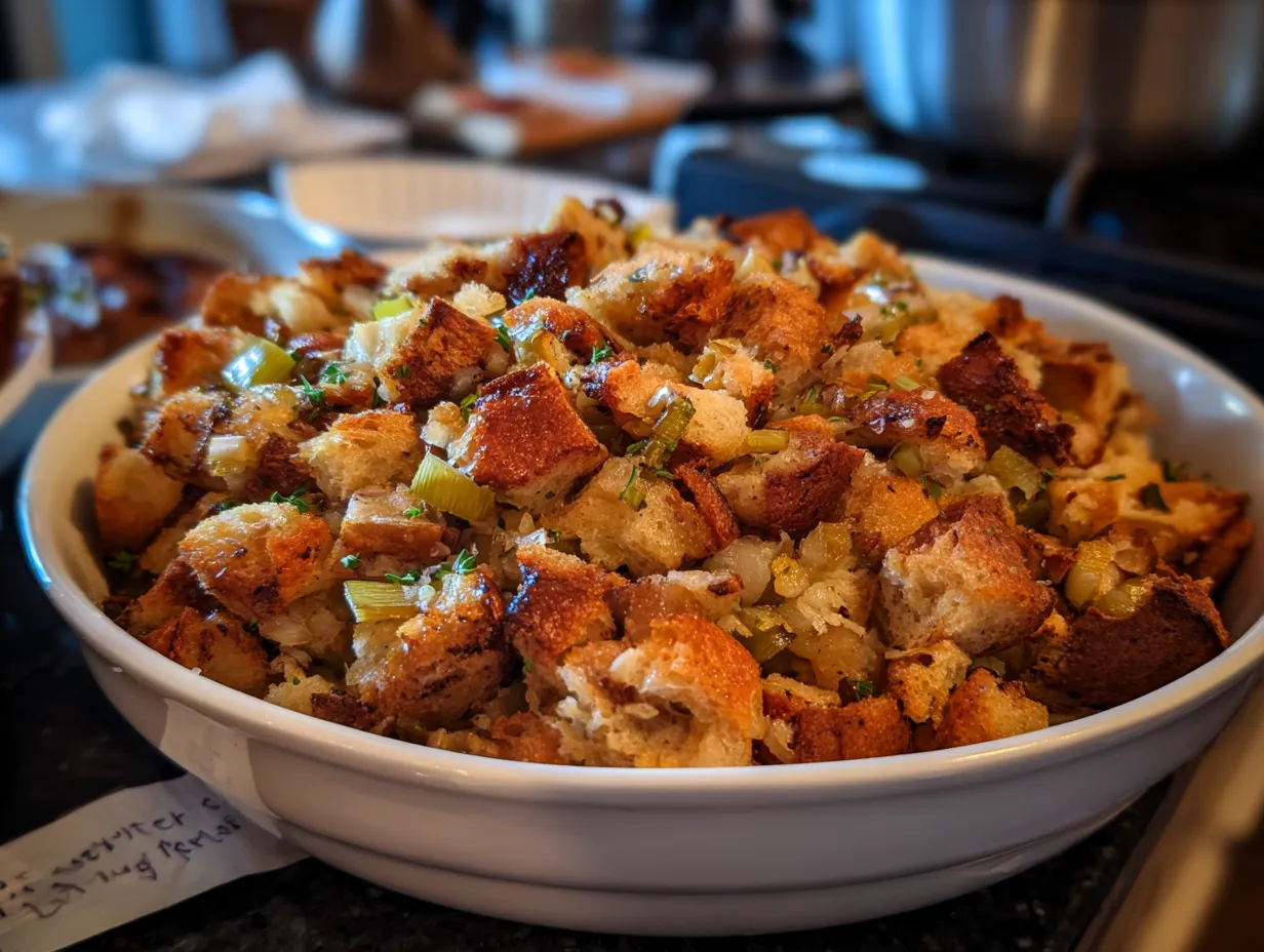 Finished Crockpot Stuffing, golden brown and ready to serve.