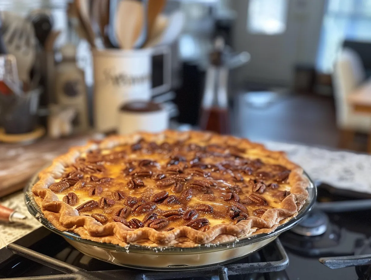 Finished custard pie with praline sauce on a white plate.