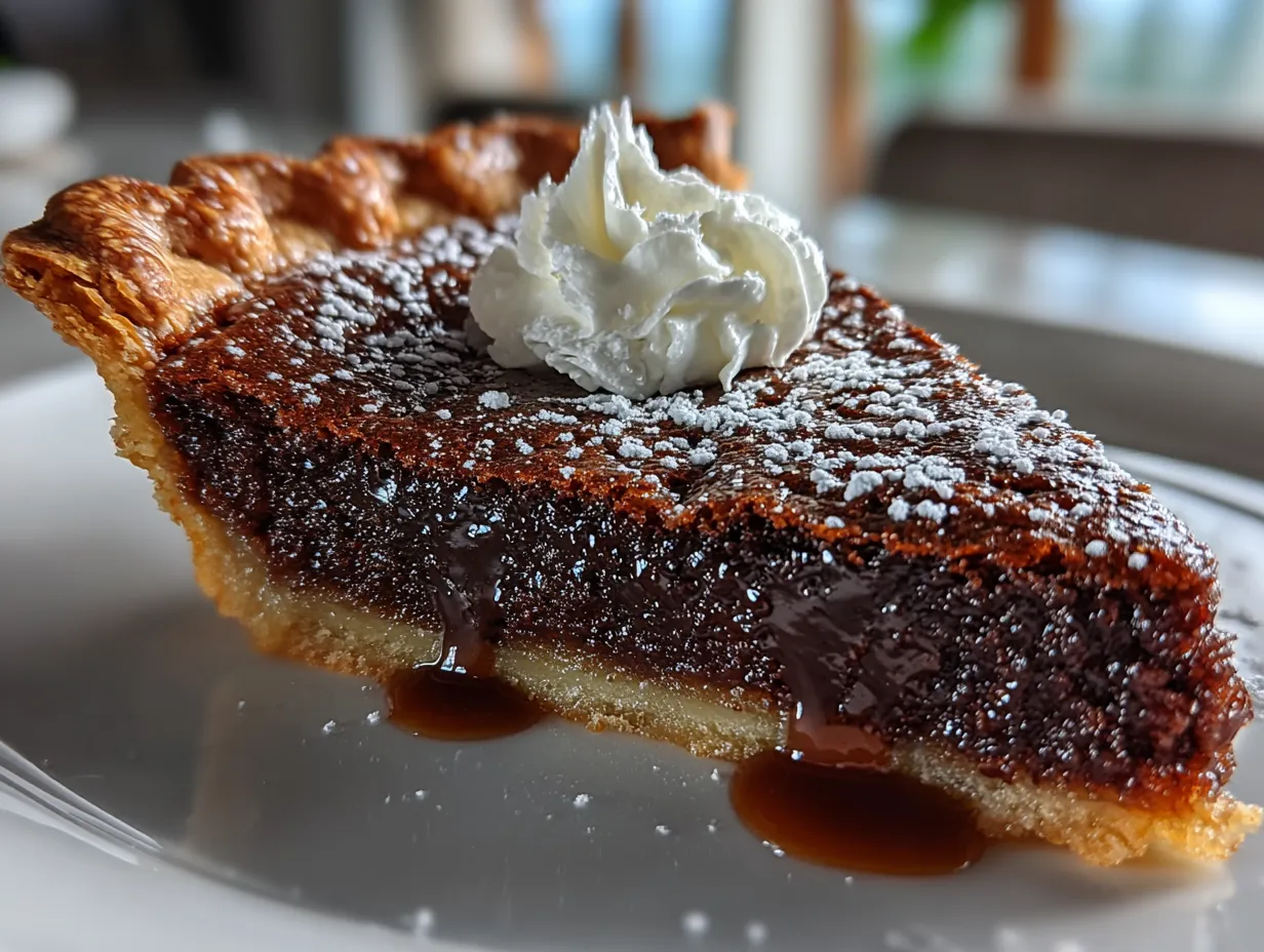 Finished dark chocolate chess pie on a plate
