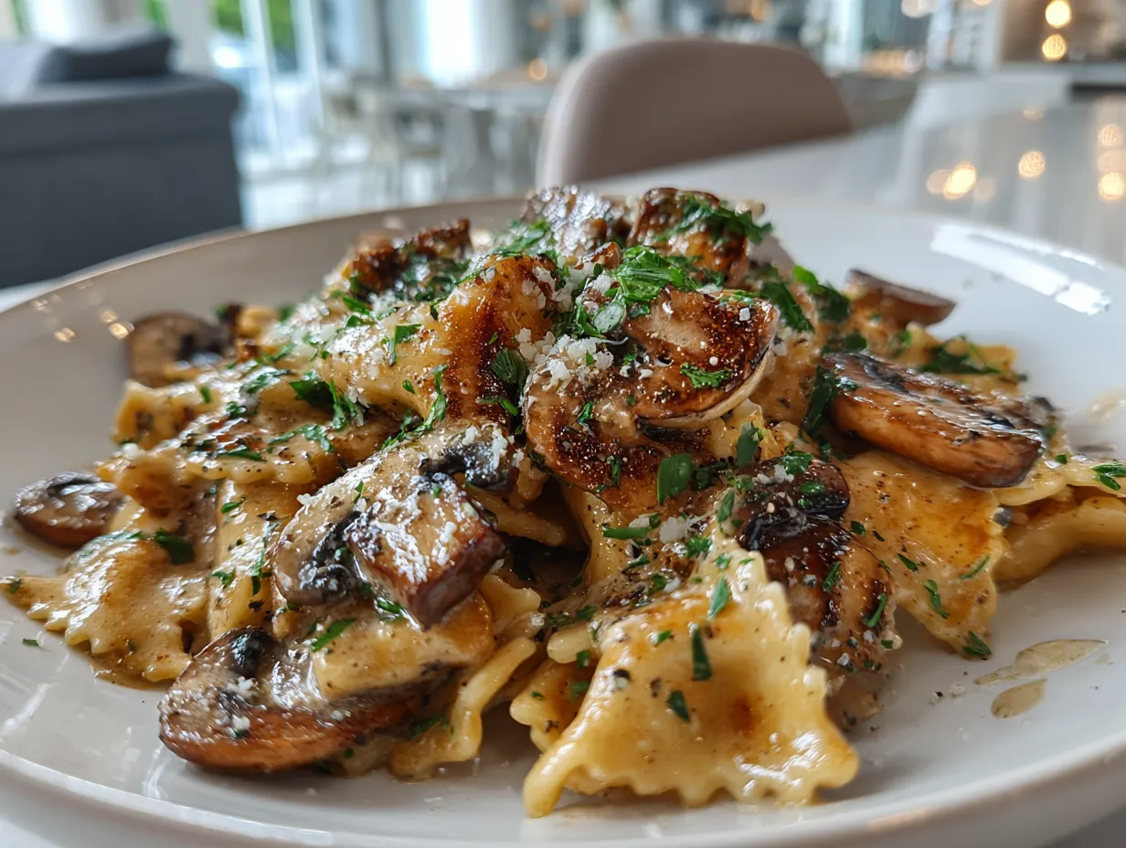 Finished dish of mushroom stroganoff garnished with parsley
