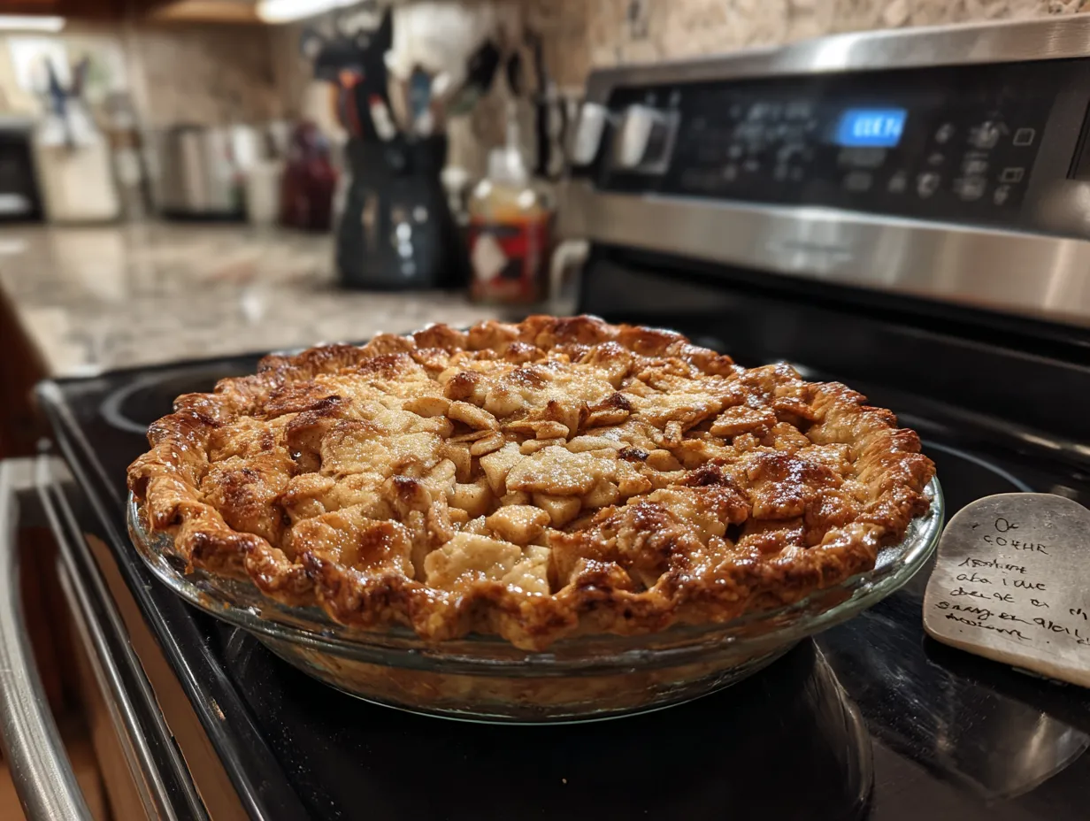A golden brown Dutch Caramel Apple Pie with a crumbly streusel topping and a drizzle of caramel sauce, fresh out of the oven.