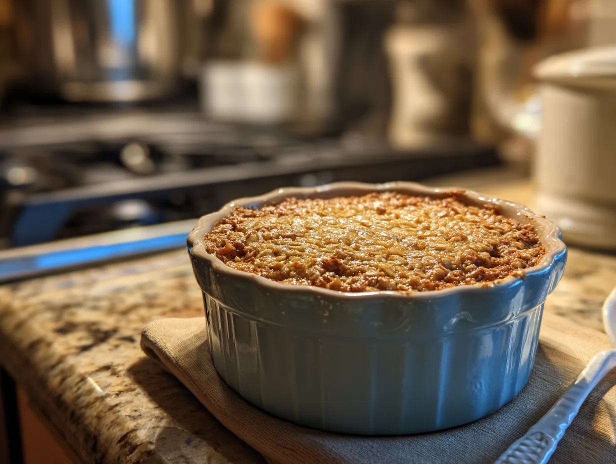 Finished easy baked oats golden brown and ready to eat.