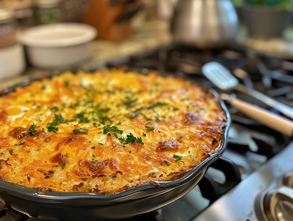Finished Egg Hashbrown Casserole on the stove.