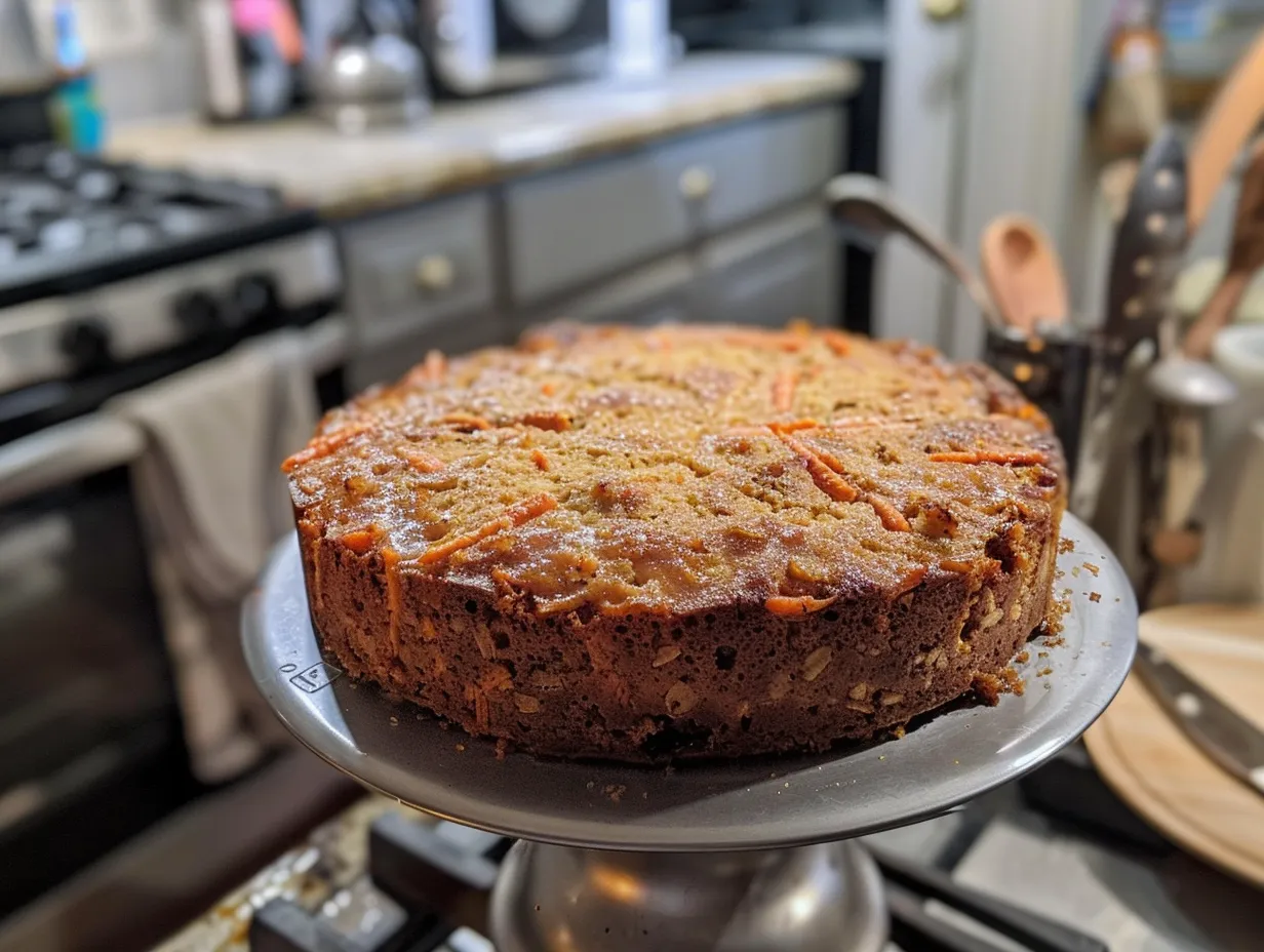 Finished flourless oatmeal carrot cake on a plate.