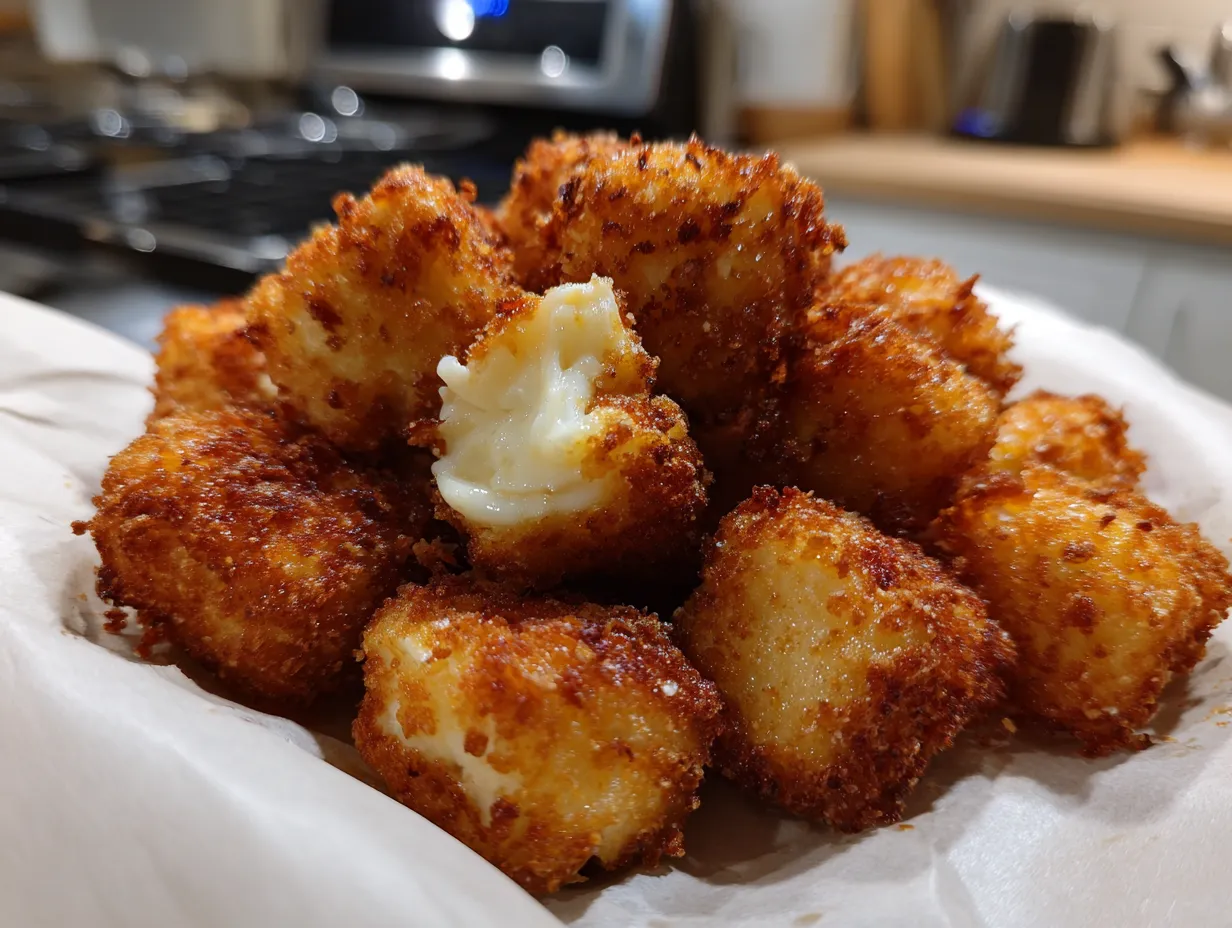 Golden brown, crispy fried brie bites drizzled with honey