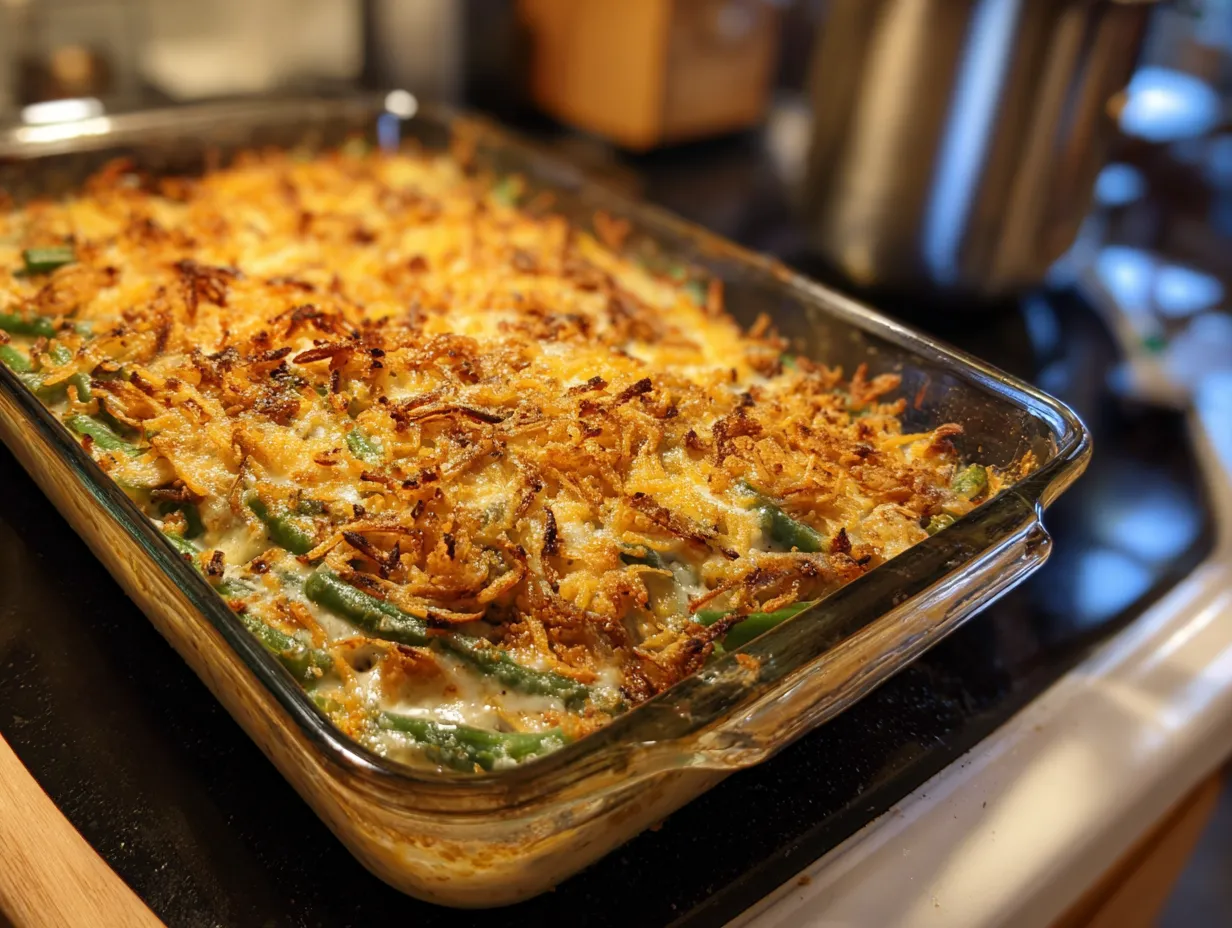 Finished Garlic Parmesan Green Bean Casserole on display