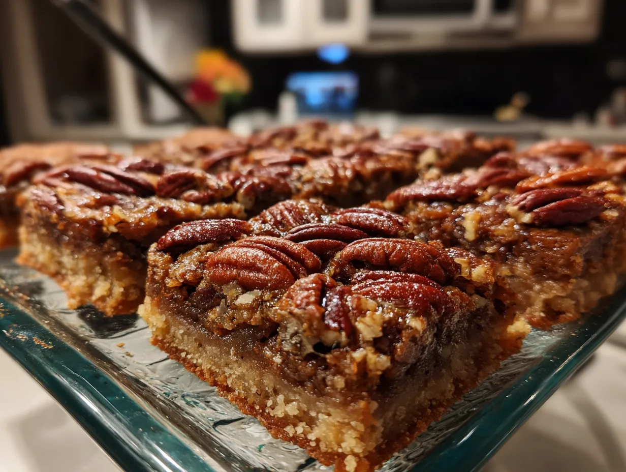 Finished gooey pecan pie bars on a counter
