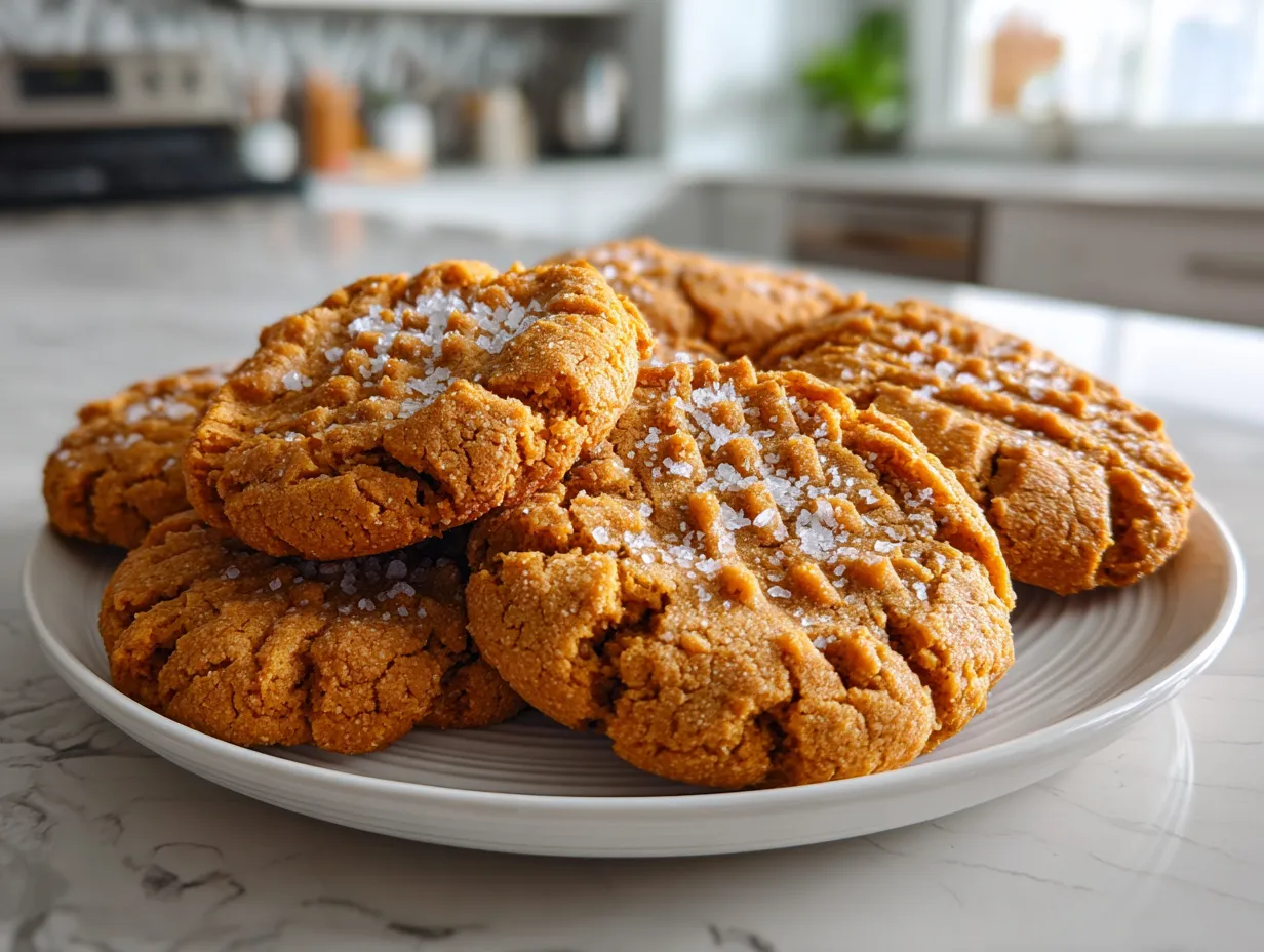 A plate of freshly baked homemade soft peanut butter cookies.