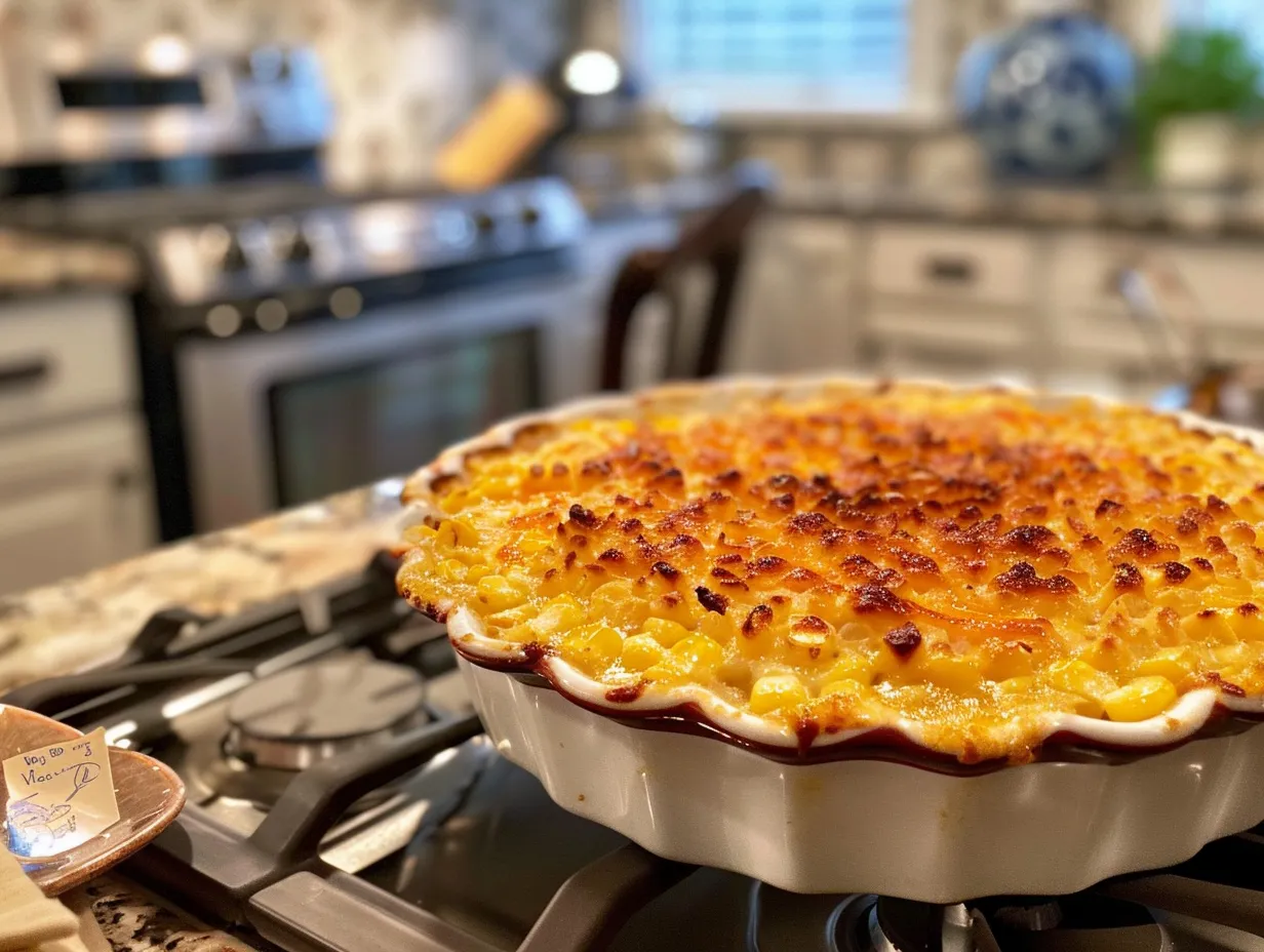 Finished Honey-Glazed Corn Casserole, golden brown and ready to serve.