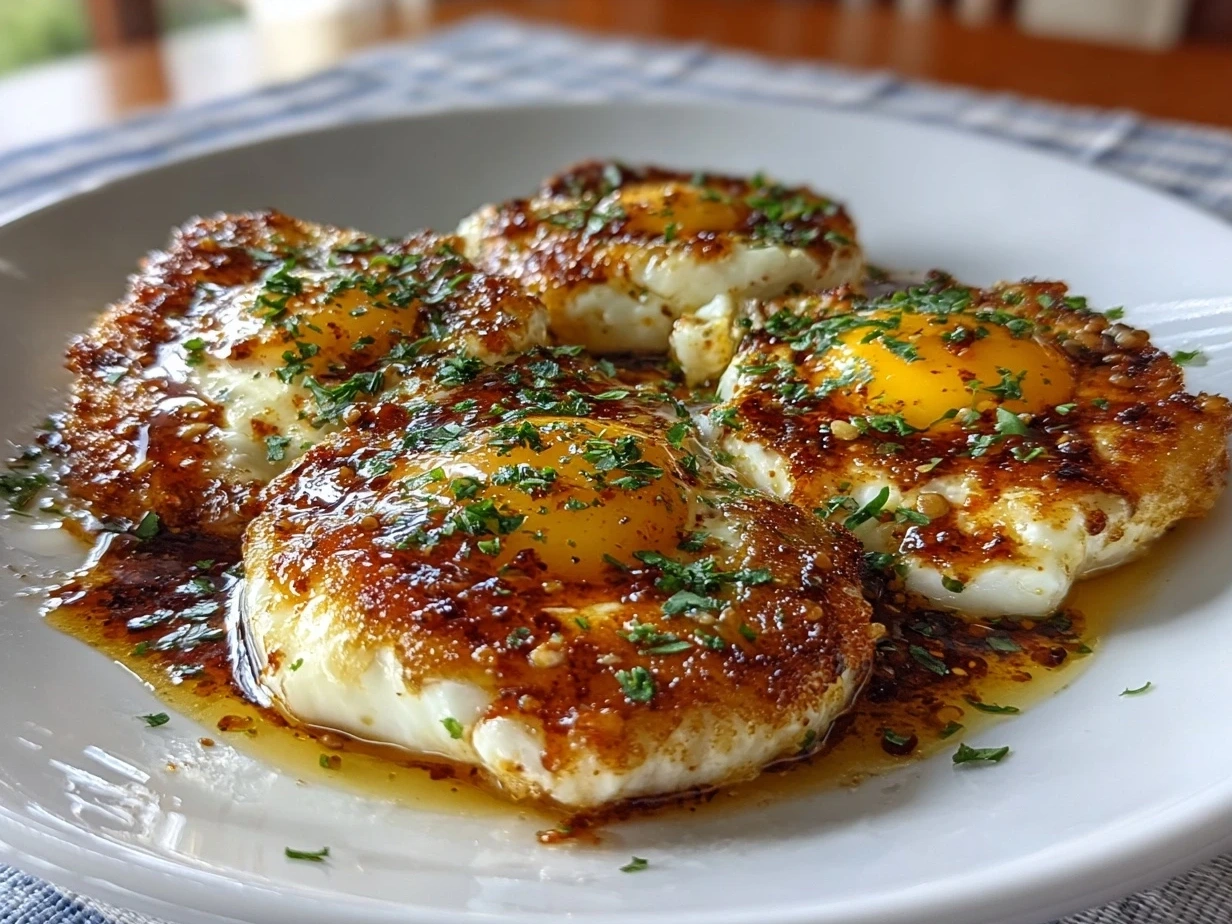 Finished hot honey mozzarella eggs with basil garnish