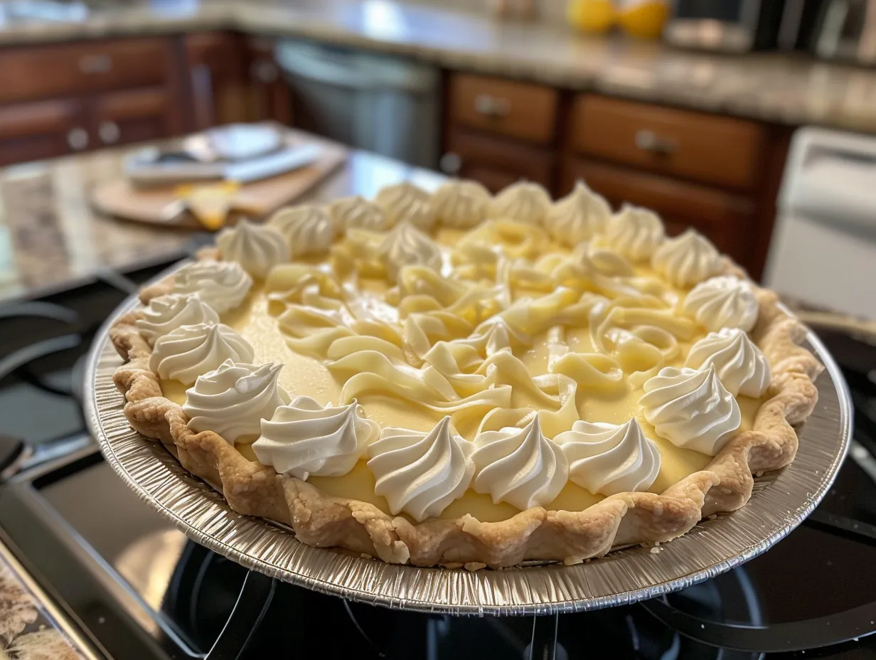 Finished Lemon Cream Pie with whipped cream and lemon slices