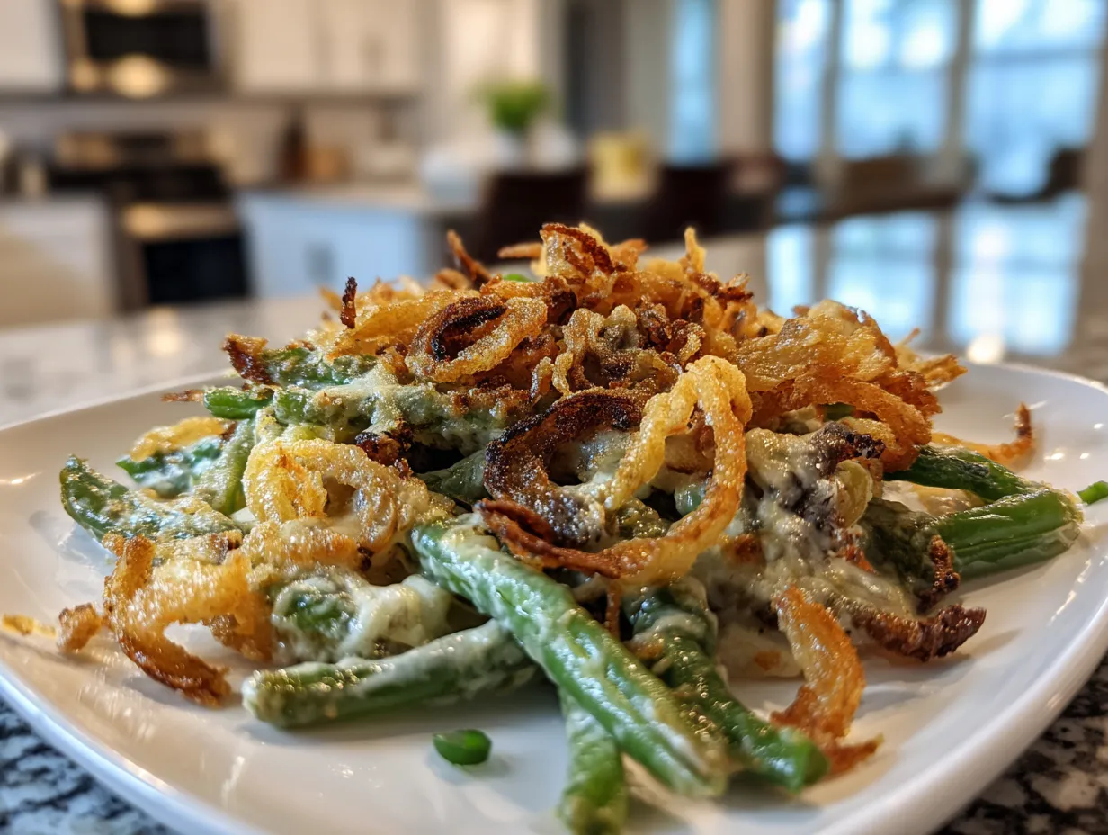 Deliciously finished loaded green bean casserole with golden brown crispy onions