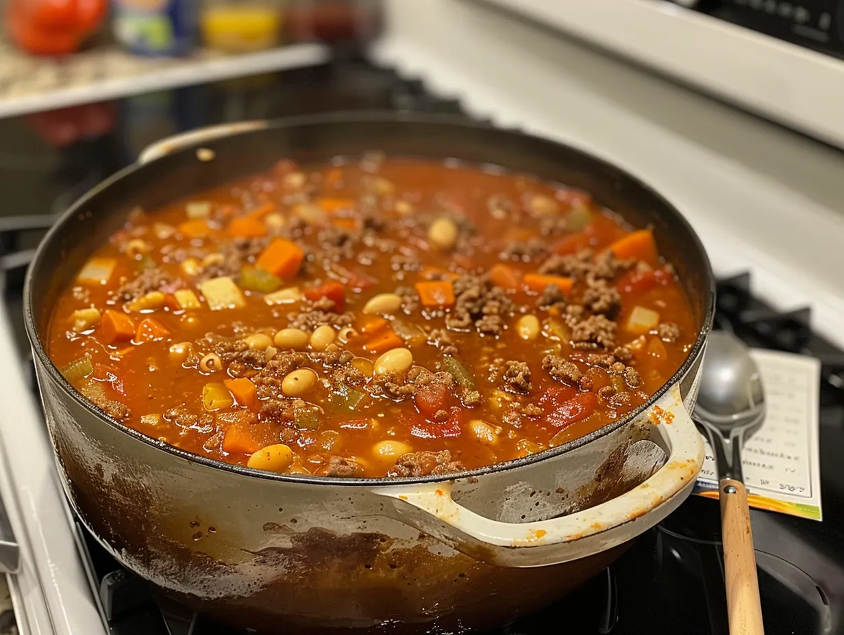 Finished pot of loaded hamburger soup on the stove