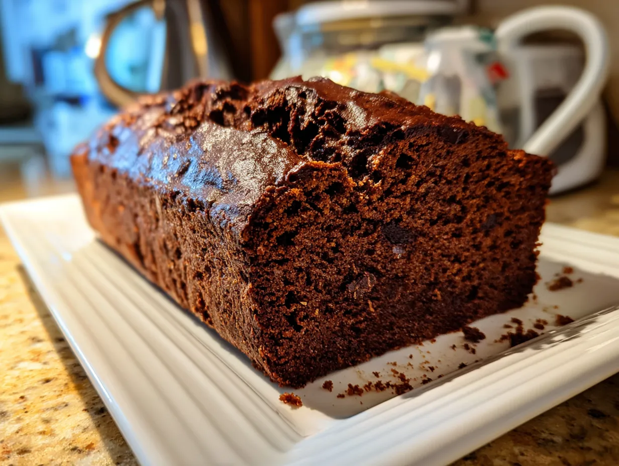 Finished moist chocolate zucchini bread on a cooling rack