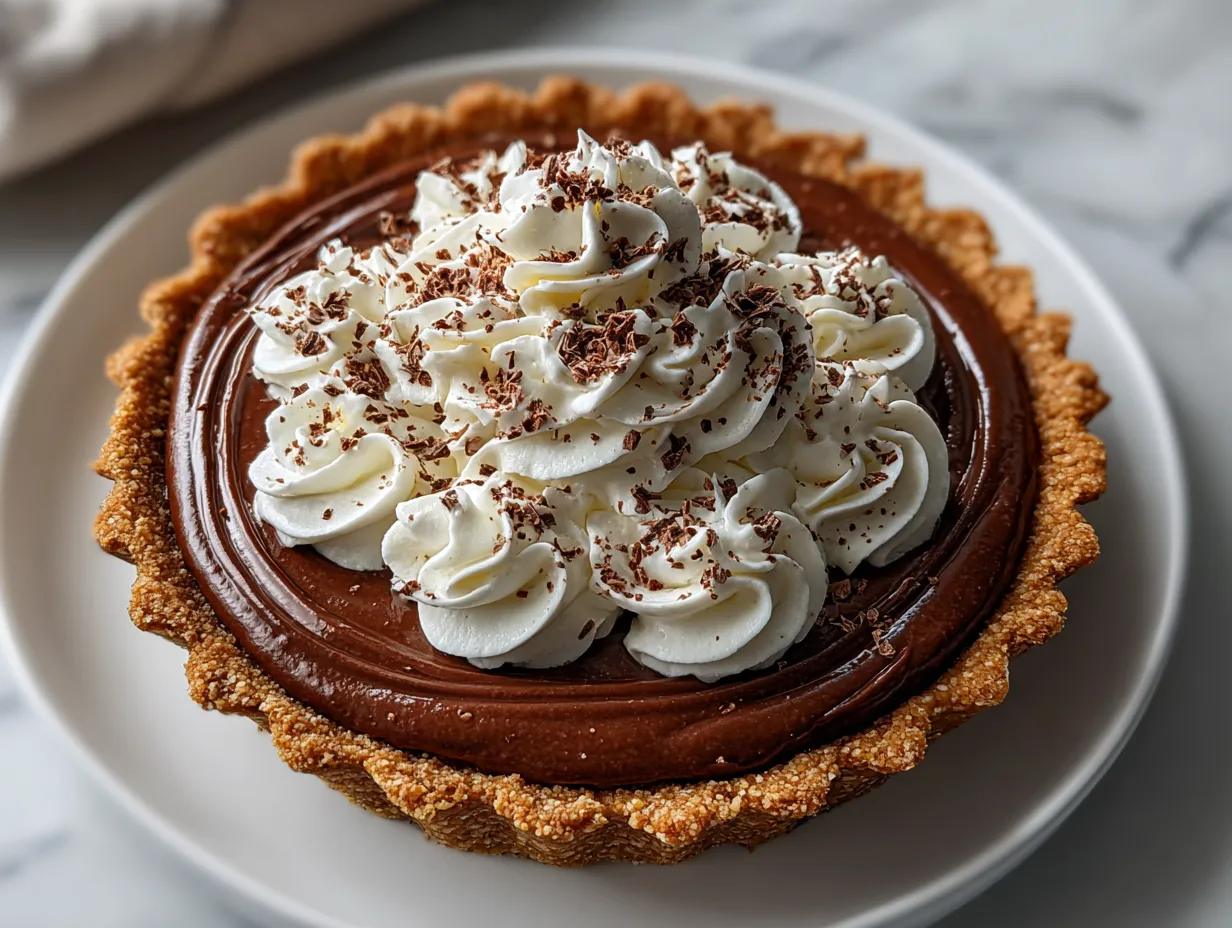 Finished Old Fashioned Chocolate Pie with a smooth, glossy surface, ready to serve.