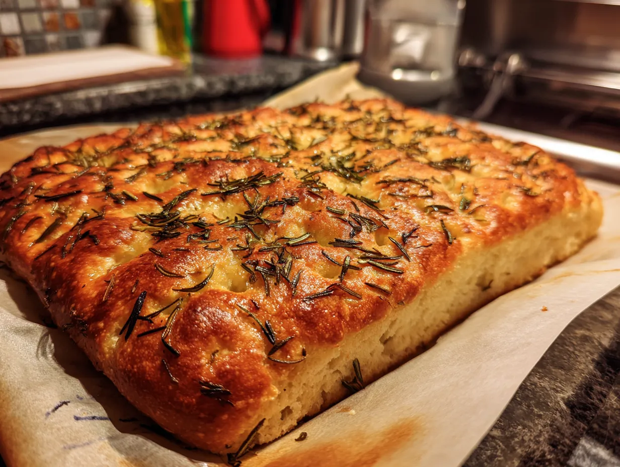 Finished overnight no knead focaccia bread cooling on a wire rack in a home kitchen