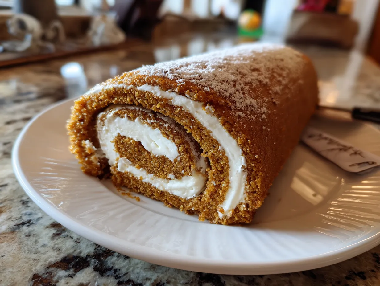 A finished Pumpkin Roll sliced and ready to serve, showcasing the cream cheese filling.