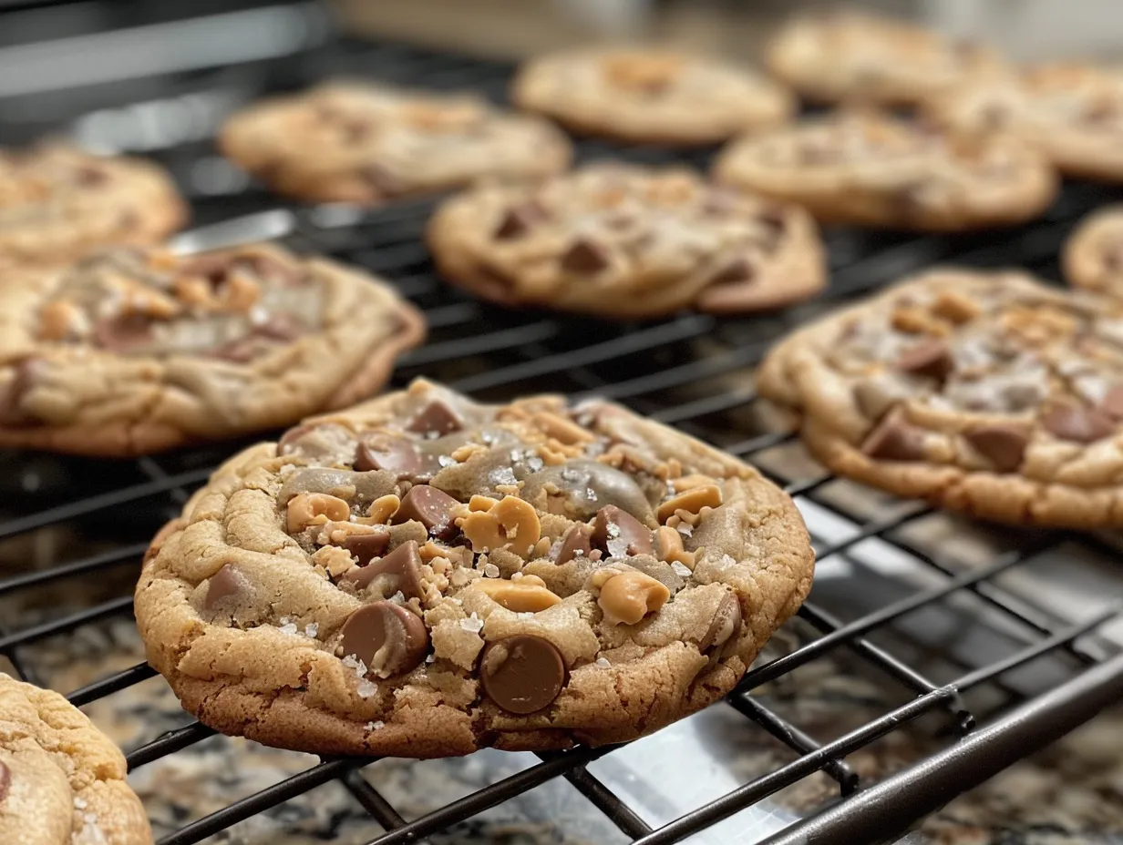 Delicious, finished Reeses Peanut Butter Cup Cookies cooling on a wire rack