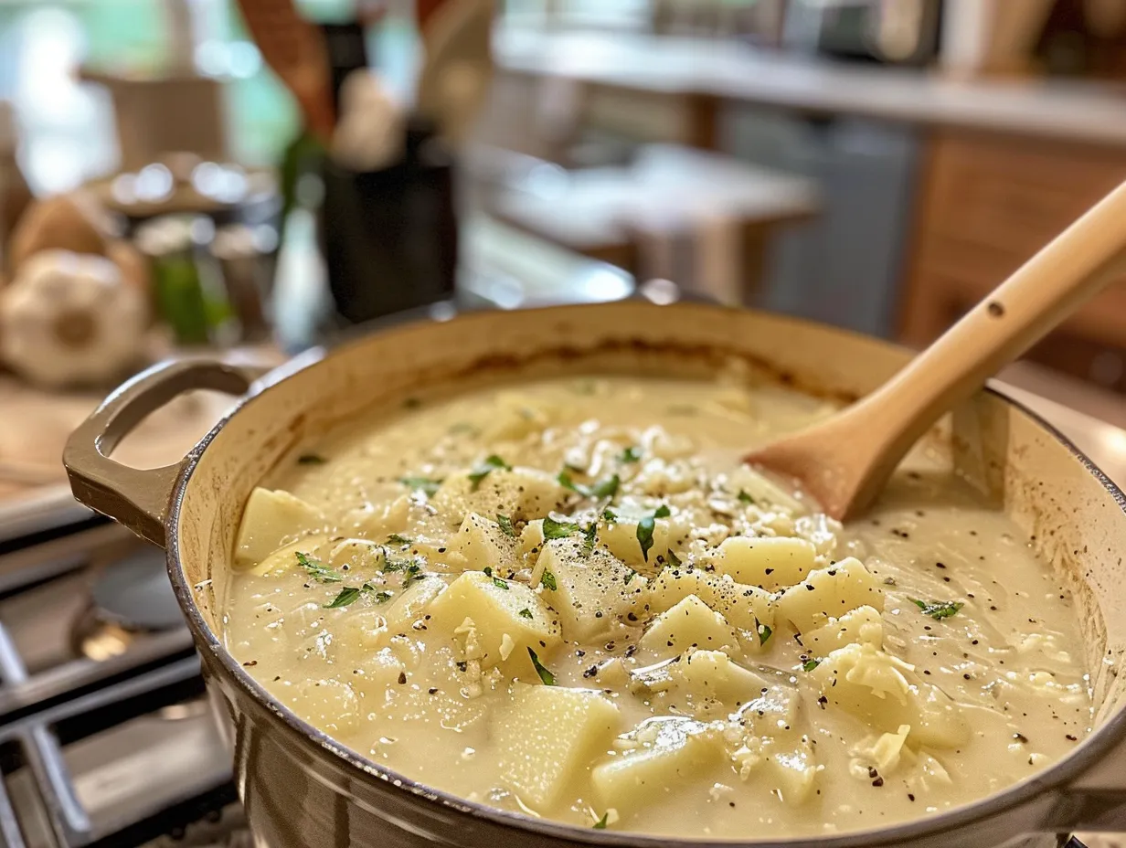 Finished roasted garlic potato soup on the stove