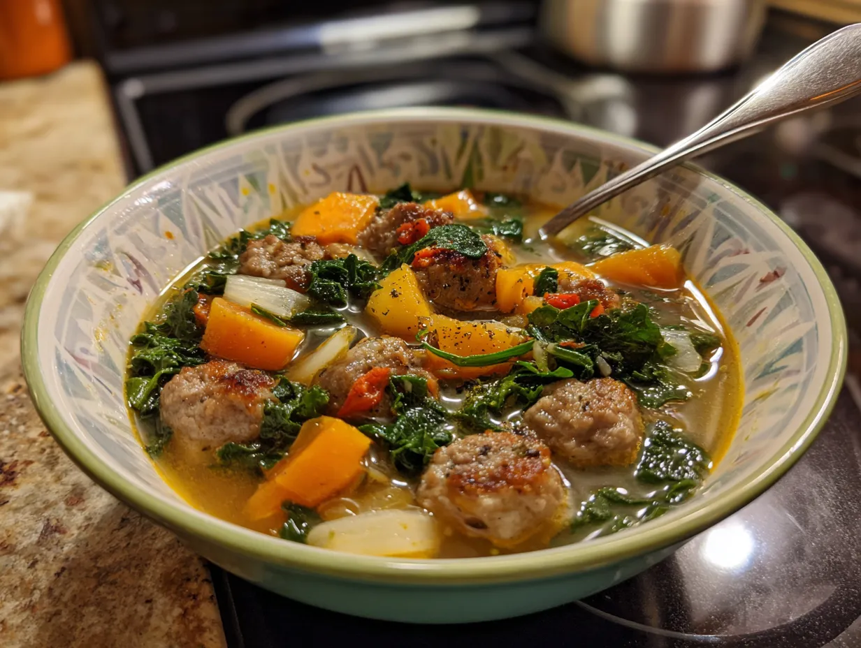 A bowl of finished sausage sweet potato kale soup, garnished with fresh herbs.