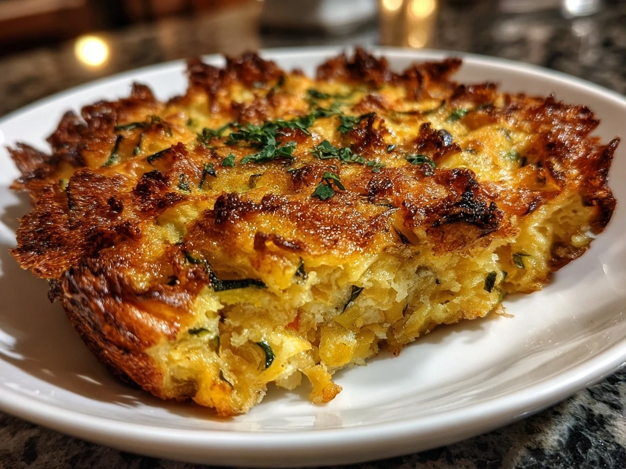 Golden brown Southern Squash Casserole in a baking dish, ready to serve.