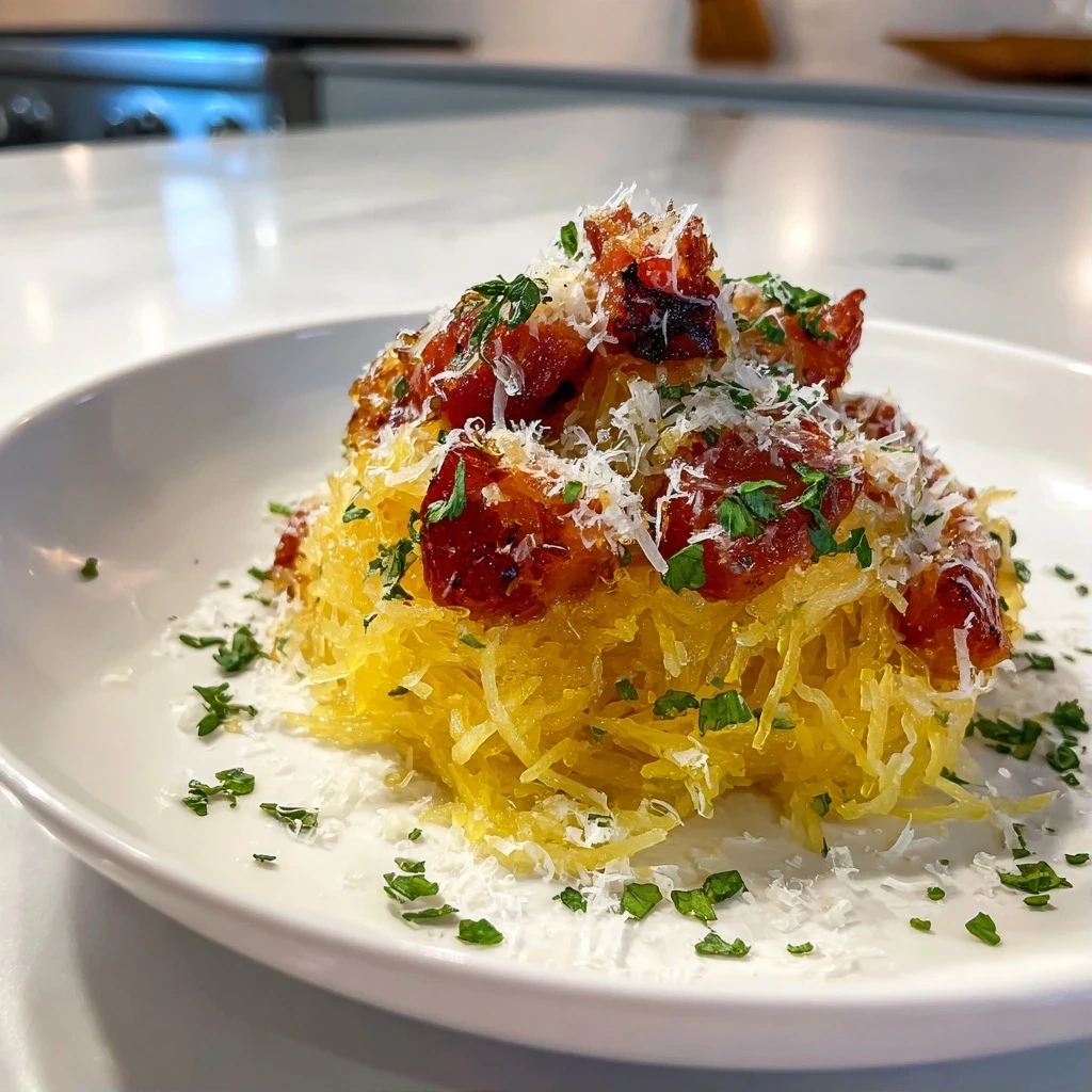 A finished Spaghetti Squash Dinner, garnished with cilantro and avocado, ready to serve.