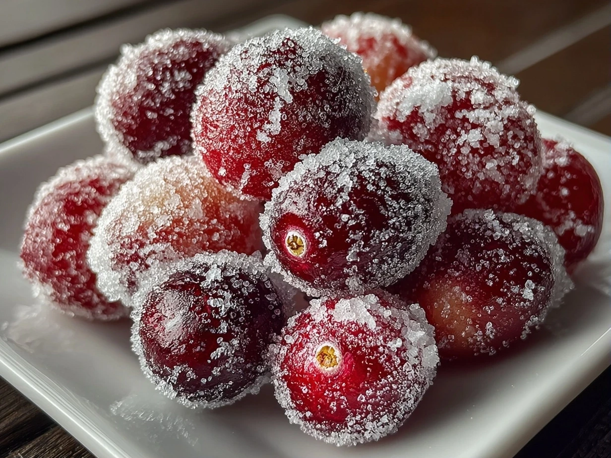 Finished sugared cranberries, glistening on a plate with a festive background.
