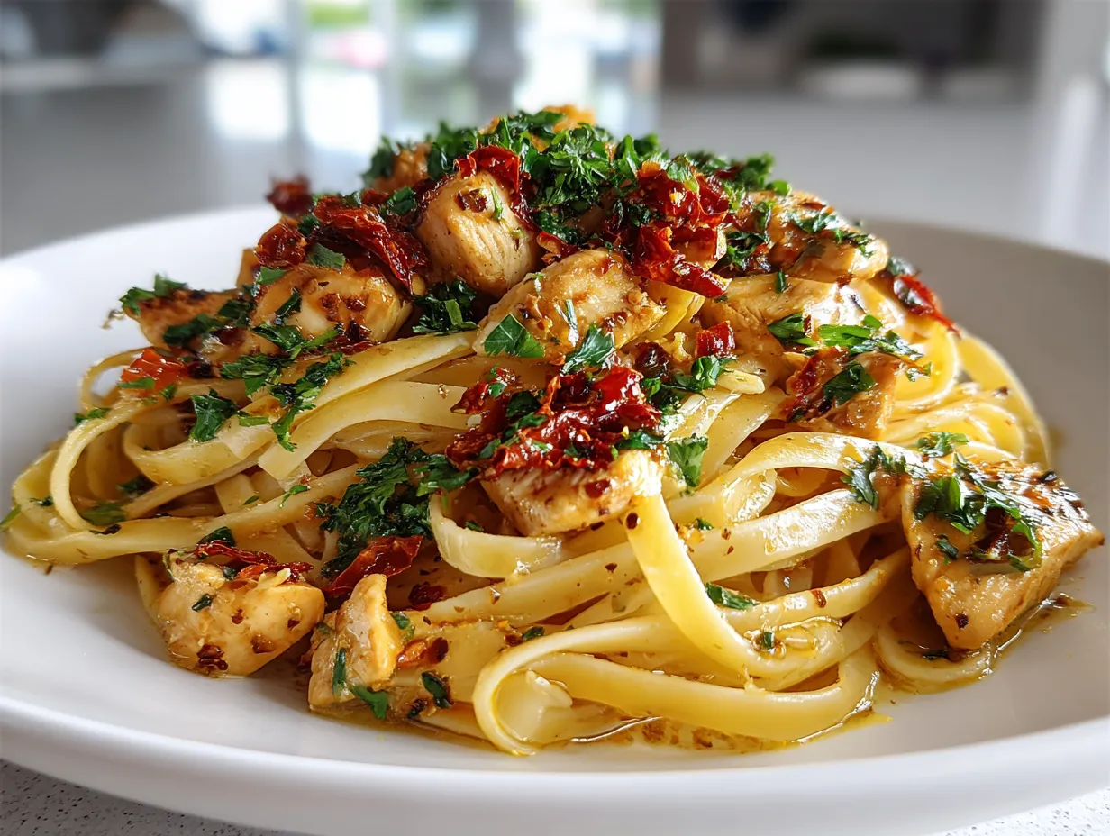 Delicious sun dried tomato chicken pasta plated and ready to serve
