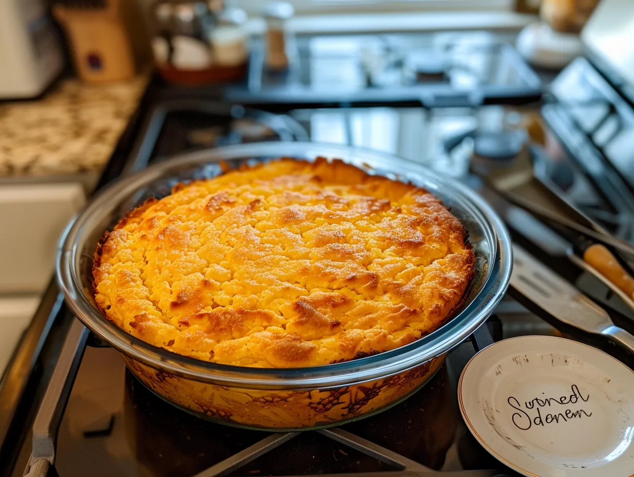 Finished Sweet Corn Spoonbread Casserole with a golden brown crust.
