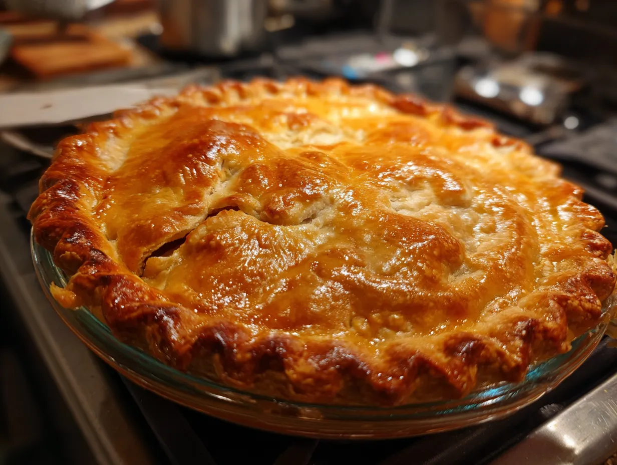 Finished vegan thanksgiving pot pie with golden brown crust