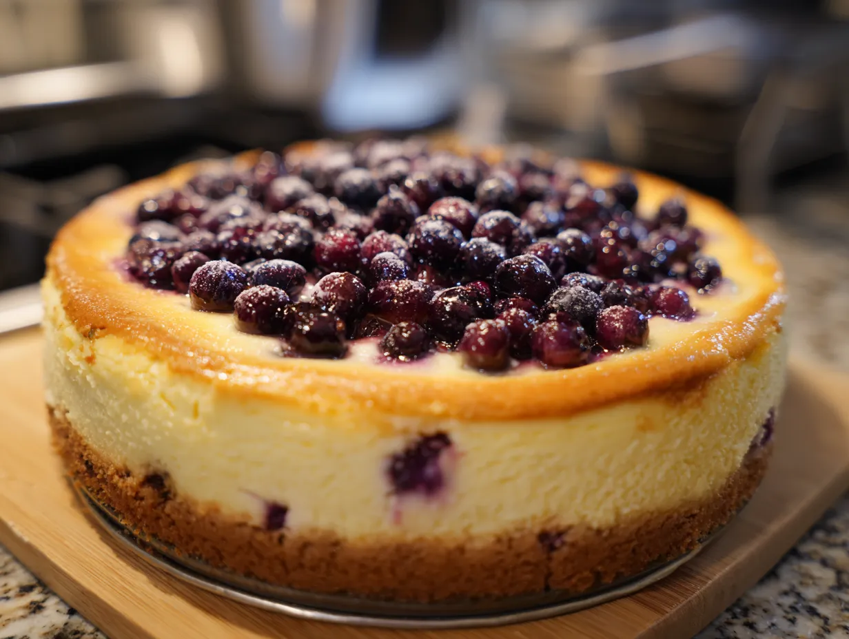 Finished White Chocolate Blueberry Cheesecake with blueberry swirl on a white plate.