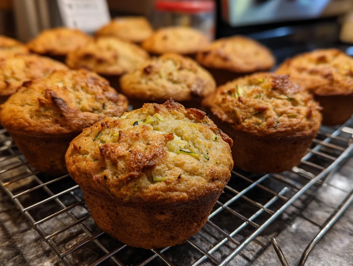 Finished zucchini banana bread muffins arranged on a wooden board.